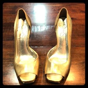 Gold open toe Jessica Simpson heels